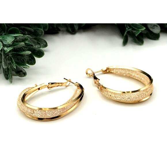 Gold-Tone Hoops mesh with clear rhinestones  .. See notes - Picture 1 of 8